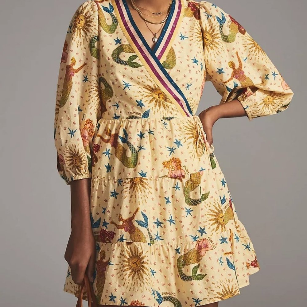 FARM RIO x Anthropologie Mermaid Print Wrap Mini Dress